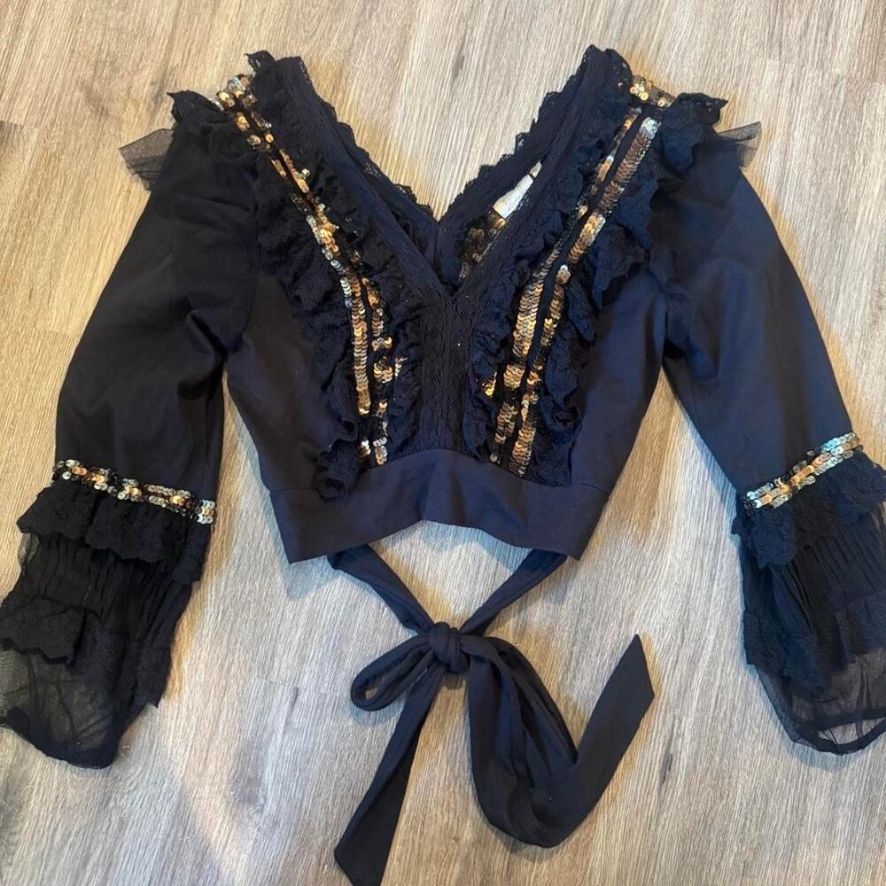 Anthropologie Boho Black Lace Beaded Top Waist Tie Ruffles SMALL